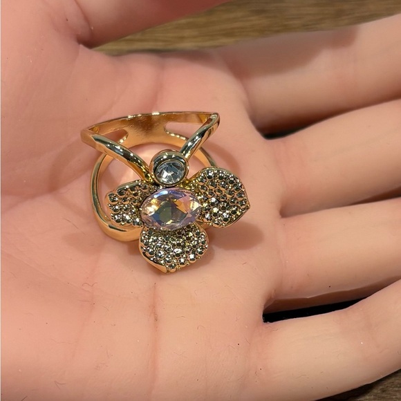 Gold Tone Aurora Borealis Crystal Flower Scarf Slide Ring Brooch - Picture 9 of 15